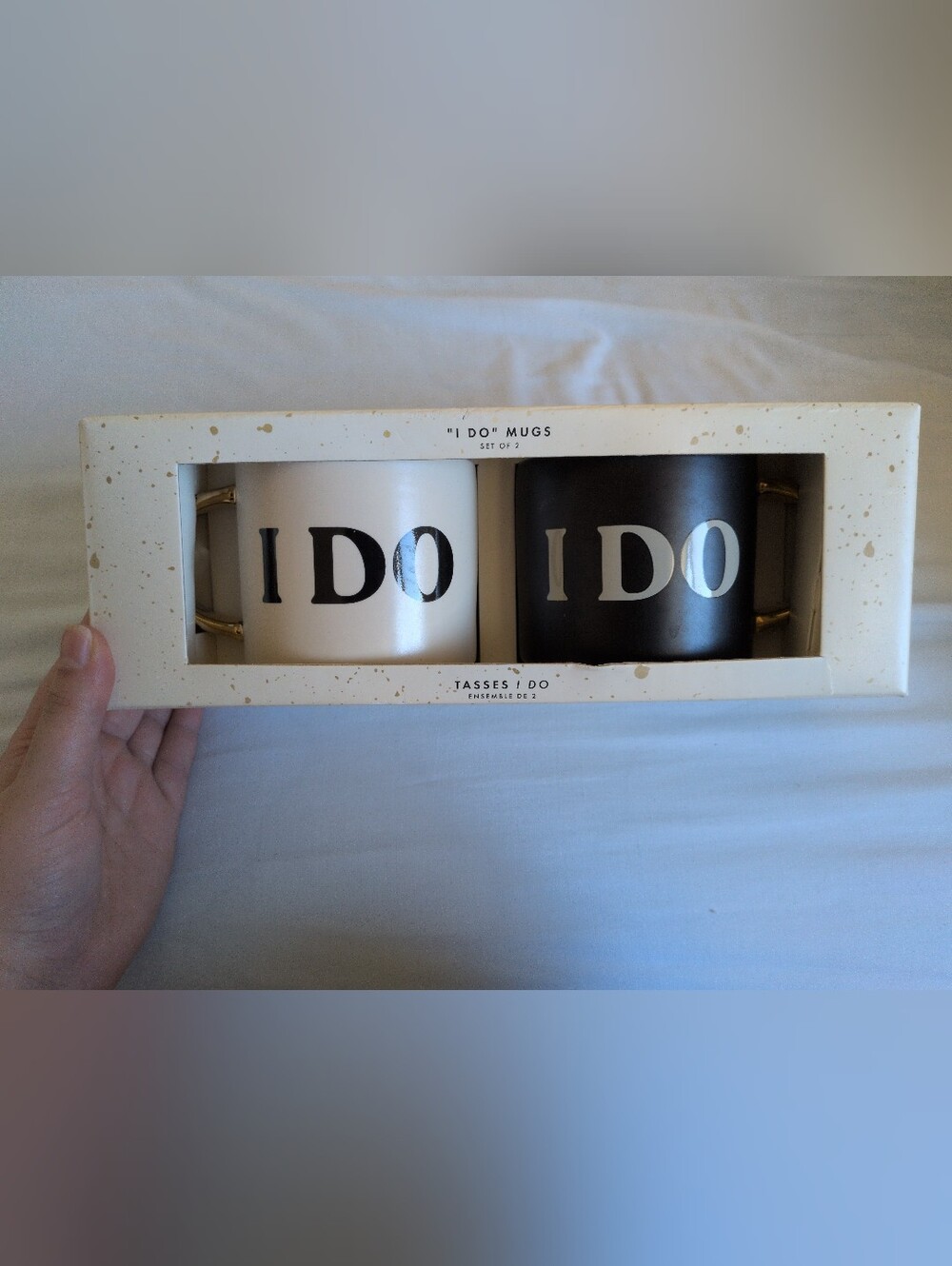 Indigo "I DO" Ceramic Mug Set - White & Black with Gold Handles